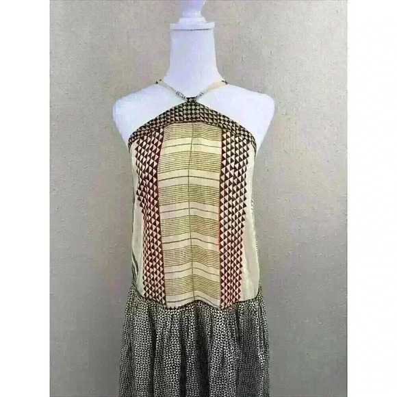 VOLANTIS  G.V. MAJIL Hand Painted 100% Silk Tan Aztec Zigzag Boho dress one size - Picture 2 of 10